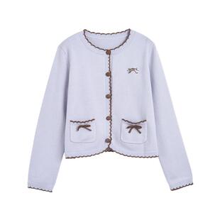 紫涵圆领撞色针织开衫女2025冬季新款甜美刺绣蝴蝶结宽松毛衣外套