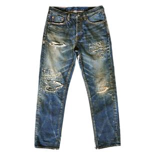 WIROTE威络脏洗蓝染破洞破坏刺子手缝补丁赤耳牛仔裤长裤重磅16oz