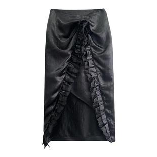 JACQUES WEI 2025秋季款黑色不规则缎面荷叶边开叉中长款半裙女