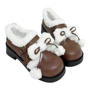 绒宝宝久久Lolita原创洛丽塔蝴蝶结中跟圆头复古甜美毛加绒棉单鞋