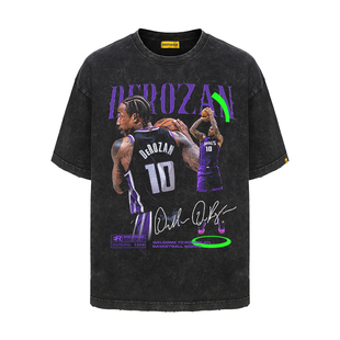 摇滚计划篮球球星德罗赞投篮条美式T恤vintage水洗做旧夏季短袖男