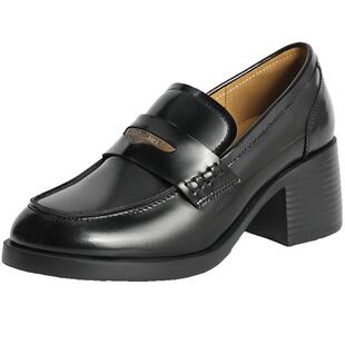 百丽女鞋子粗跟JK乐福鞋新款真皮黑色小皮鞋深口单鞋子B5K1DCA4