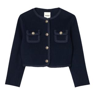 SANDRO秋冬女装法式时尚优雅简约绵羊毛深蓝色短款长袖花边外套