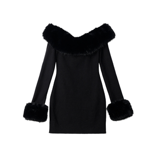 FYFTHX派对焦点  辣妹一字肩黑色毛领连衣裙新年修身显瘦针织裙冬