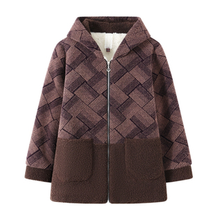 妈妈装新款羊羔绒连帽外套女冬装加绒加厚保暖短款棉衣中老年棉袄