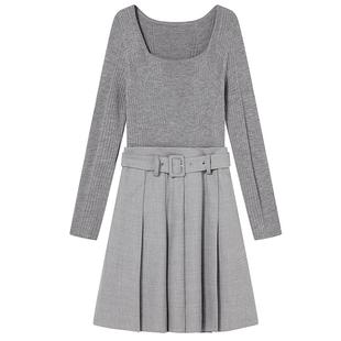 Goodland美地2024春季新款减龄48支绵羊毛织拼接百褶连衣裙