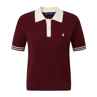 POLOWALK女式短袖针织衫2026春季新品撞色翻领学院风绞花针织上衣