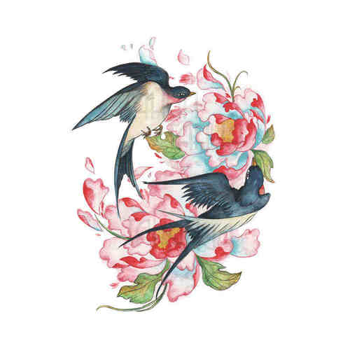 她画 古风燕子花臂 后背牡丹纹身贴 大图案小臂 防水女持久少女心