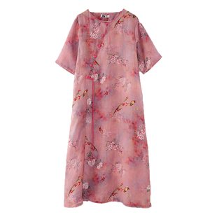 2025春季新款大码国民风气质名媛刺绣苎麻手工盘扣印花短袖连衣裙