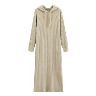 秋冬新款连帽针织长袖连衣裙女宽松过膝羊毛外穿内搭打底毛衣长裙