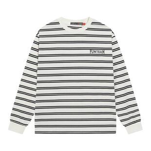 Fun2025秋冬季新品条纹刺绣宽松廓形长袖T恤男女同款复古休闲百搭