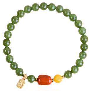 天然和田玉手串女碧玉菠菜绿圆珠手链国风高端玉石南红火焰纹饰品