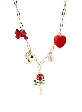 镶钻爱心珍珠蝴蝶结玫瑰花项链