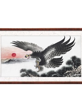 雄鹰手绘国画 手绘旭日东升老鹰雄鹰展翅翱翔图案 大展宏图宣纸画