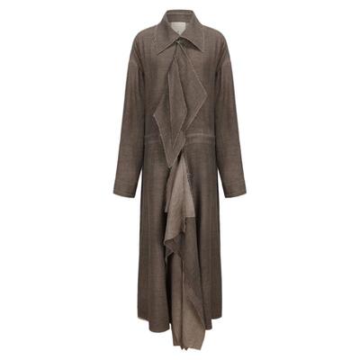 Elywood咖色纯羊毛风衣外套秋冬新款抗风保暖大衣不规则小众设计