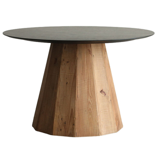 侘寂风黑色实木八人座大圆桌老松木+橡木贴皮复古家用桌子餐桌