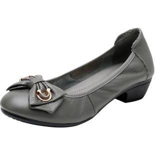 上海登云春秋款粗跟真皮妈妈鞋软底女式中跟单鞋舒适百搭中年女鞋