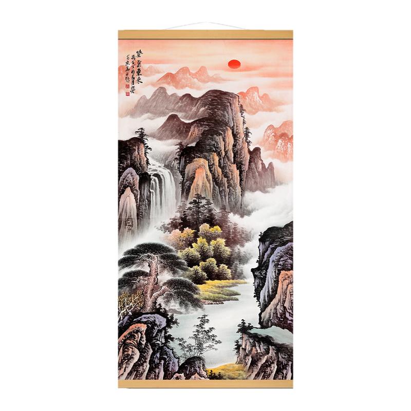 紫气东来挂画风景山水装饰国画客厅东墙壁玄关入户正对面旭日东升