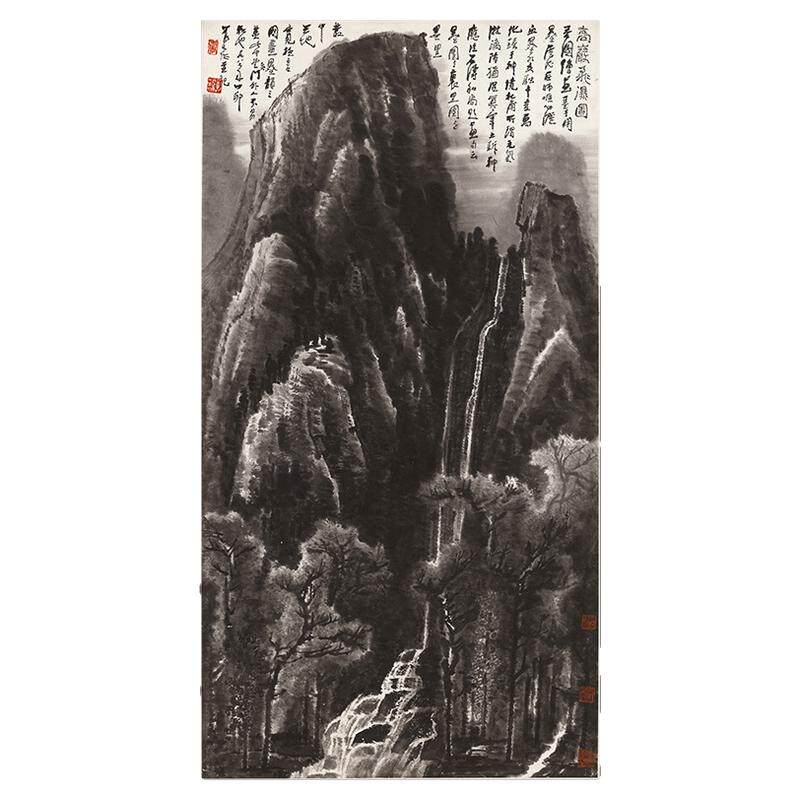 近代李可染高岩飞瀑图水墨丹青国画真迹微喷复制装饰画挂轴装裱