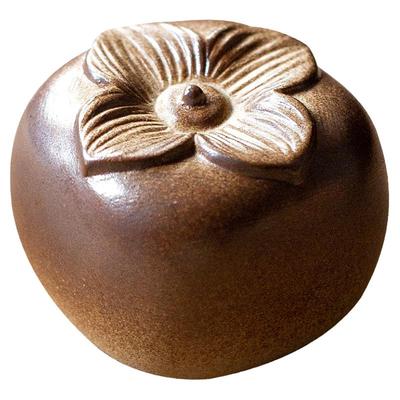 碌心粗陶柴棕釉竹子盖置柿子摆件