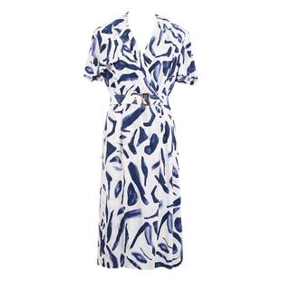 HONRN/红人气质洋气短袖修身小众别致印花v领a字连衣裙收腰女夏季