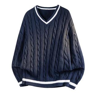 罗蒙日系复古撞色V领针织衫男士秋冬季潮牌情侣学院风打底衫毛衣
