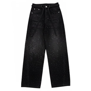 小个子蓝色牛仔裤女士2025年冬季新款裤子加绒加厚烫钻弯刀直筒裤