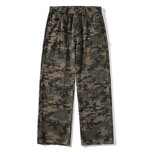 悟空有货美式复古迷彩重磅直筒牛仔裤男潮牌宽松阔腿百搭拖地长裤