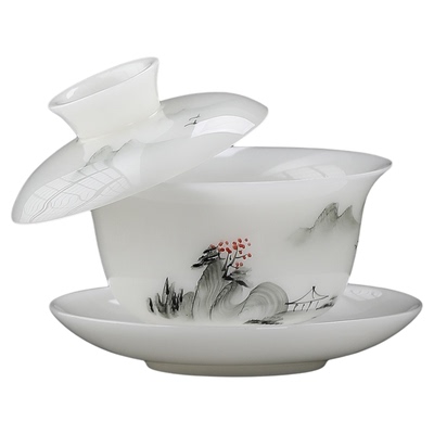 150ml釉下彩水墨山水图纯手绘三才盖碗冰种璞玉瓷茶具悬停泡茶碗