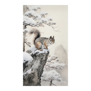 松鼠拜寿图迎客松油画客厅装饰画新中式松树风景玄关挂画竖版