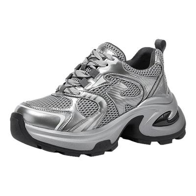 达芙妮灰色厚底老爹鞋女2025秋新款网面透气运动鞋增高复古休闲鞋