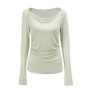 NON RESTRAIN莱赛尔天丝褶皱荡领长袖T恤女气质收腰打底针织上衣