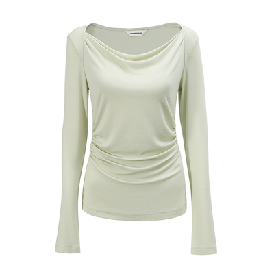 气质褶皱荡领收腰打底长袖T恤女
