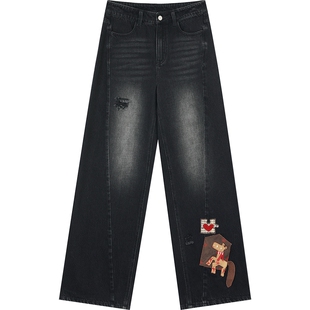 妖精的口袋趣味贴布绣黑色弯刀牛仔裤女2025冬季新款高腰直筒裤子