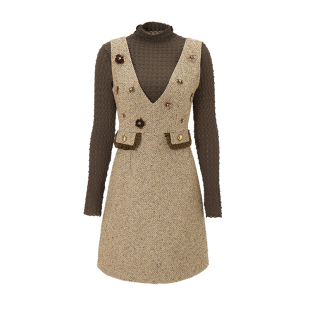 海青蓝毛呢背心连衣裙女秋冬套装2026新款气质半高领打底衫两件套