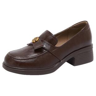 星期六新款厚底单鞋女春季山茶花真皮圆头小皮鞋英伦风百搭乐福鞋