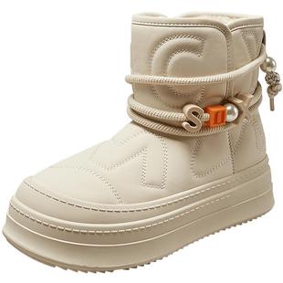 意尔康女鞋冬季加绒保暖棉鞋厚底短筒雪地靴户外休闲短靴女士皮鞋