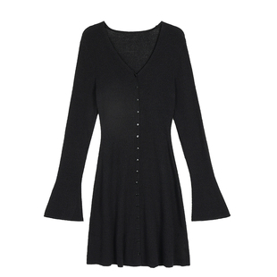 pusumede 法式气质针织v领连衣裙女新款修身收腰a字裙小个子短裙