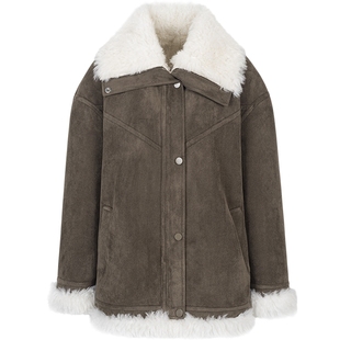 衣香丽影撞色拼接麂皮绒皮草短外套女2025年冬装新款仿羊羔毛大衣