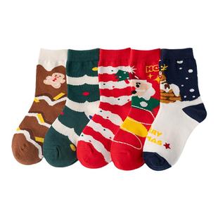 儿童圣诞袜子秋冬季男童女童中大童宝宝袜棉袜卡通中筒袜红色童袜