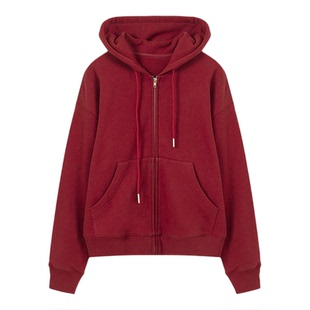 CHU楚妞[枣云]纯棉红色抽绳连帽拉链卫衣2026春季新款女休闲上衣