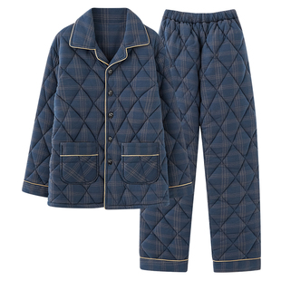 芬腾新款睡衣男士冬三层加厚加棉100％纯棉夹棉中老年家居服套装