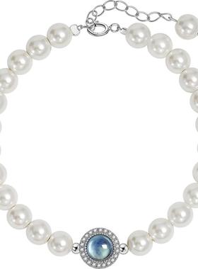 海蓝宝珍珠纯银手链女七夕节礼物