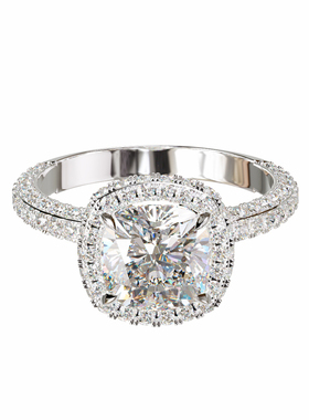 18K金枕形主石双层围镶双排戒轻奢小众设计婚戒可定制百搭食指戒