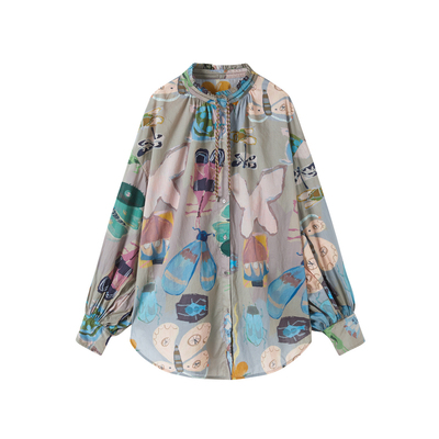 谜底衬衣长袖女2025秋新品复古原创印花立领灯笼袖衬衫253MC1058