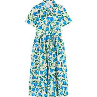 LK BENNETT蓝绿色纯棉印花连衣裙2025年夏新款本布腰带收腰衬衫裙