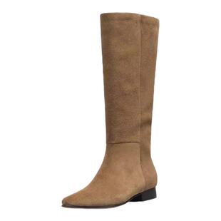 星期六时尚堆堆鞋长筒靴女靴西部牛仔牛反绒秋冬季中筒尖头骑士靴