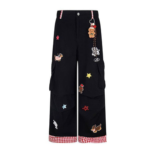 300斤特大码黑色小狗刺绣工装牛仔裤女胖mm宽松休闲百搭阔腿裤子