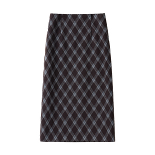 咖色格纹秋冬款毛呢半身裙女2025新款高腰后开叉直筒裙显瘦a字裙