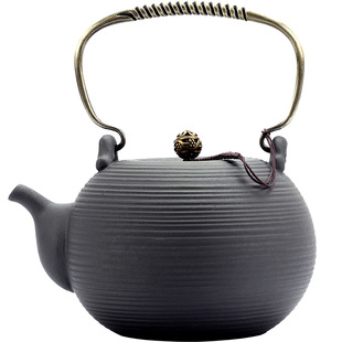 易虎堂陶壶煮茶壶台湾火山石养生壶黑茶手工复古泡茶铜提梁烧水壶